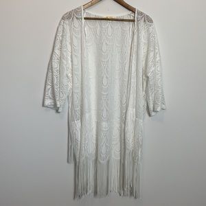 miami White Lace Double Fringe Open Cardigan S/M